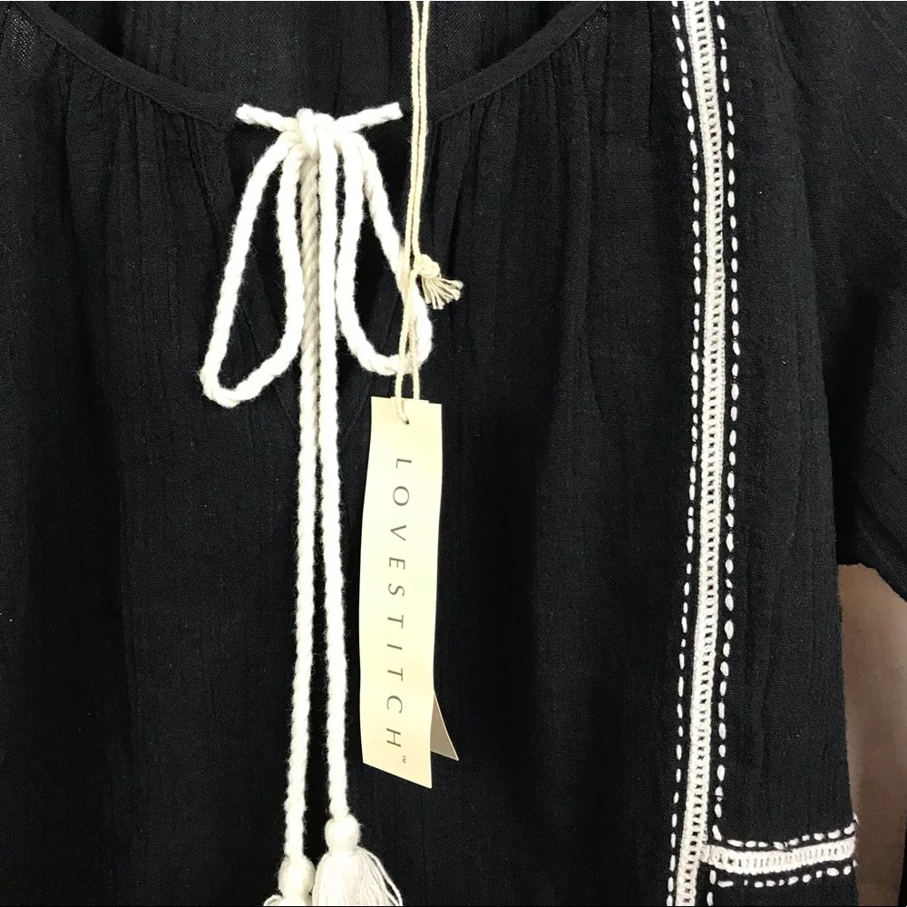 Love Stitch Contrast Lattice Tie Front Navy Top - Picture 2 of 5